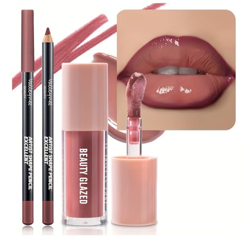 Lip Gloss and Lip Liner Set Tinted Lip Gloss with Lip Pencil Waterproof Long Lasting Glossy Lip Combo Nude Lip Makeup Kit for Women (#V02+104)