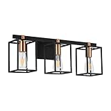 Modern Industrial Bathroom Vanity Light Fixtures 3 Lights Liwuu Black and Antique Brass Gold Metal Cage Farmhouse Rustic Wall Sconce Lighting Bath Vintage Vanity Lights Bar Over Mirror…