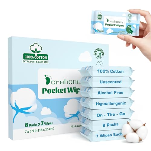 Dorahoney 100% Cotton Travel Wipes for Sensitive Skin 99% Purified Water Hypoallergenic Mini Wet Wipes Unscented Pocket Wipes Travel Essentials 56 Count (8 Packs of 7)