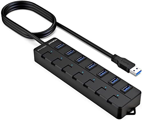 USB hub,7 Port USB 3.0 Hub,VEMONT 3.0 USB Splitter with Individual On/Off Switches and Lights, 4ft/1.2m USB HUB Long Cable, USB Extension for Laptop and PC Computer