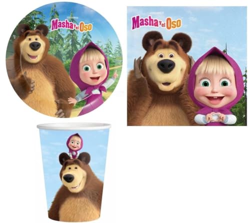Kit coordinato tavolo Masha e Orso - coordinato Tavola MONOUSO Festa - set ideale per 8 OSPITI - per feste party di compleanno e qualsiasi occasione (8 piatti + 8 bicchieri + 20 tovaglioli)