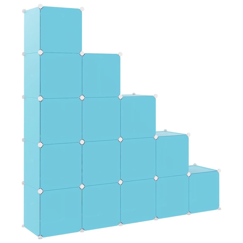 vidaXL Kinderschrank Modular mit 15 Würfeln, Regalsystem mit viel Stauraum, Würfelregal mit Stahlrahmen, Kinderregal Regal Aufbewahrungsschrank, Blau PP