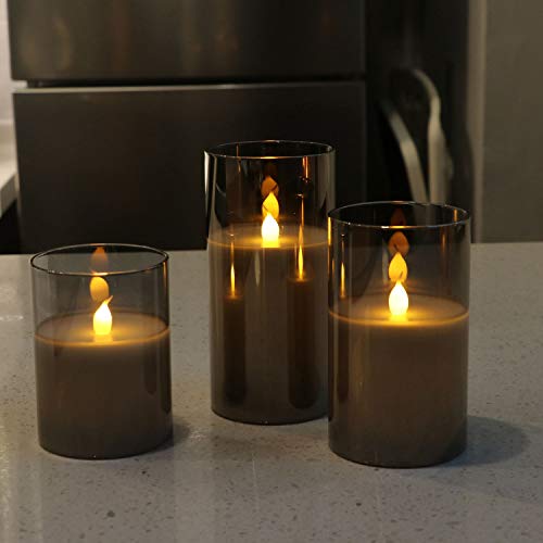 Gray Glass Battery Operated Flameless Led Candles with 6H Timer, Warm White Flickering Light, Batteries Included - Set of 3