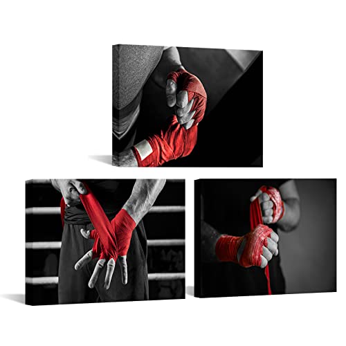Sechars 3 Piece Black And White Red Canvas Wall Art Boxer With Red Boxing Bandages Picture Painting Gym Sports Bodybuilding Poster Prints Framed For Man Bedroom Decor Ready To Hang (Small) #TOP16