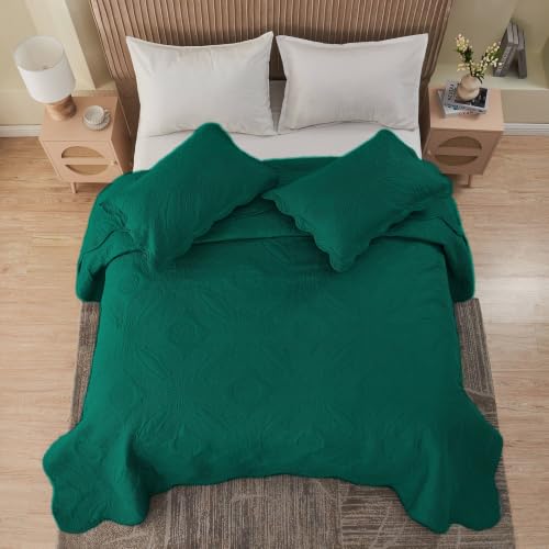 Image of Kingnex Oversized King Bedspreads 128x120 for Extra Wide Tall King or Cal King Bed Ultrasonic Quilted Coverlet Set 3 Piece Include 1 Quilt 2 Pillowcases Rain Forest Green