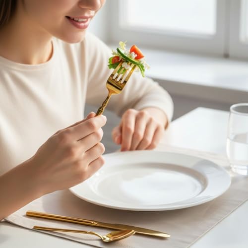 Image of 16 Pcs Gold Slim Handle Stainless Steel Cutlery Set for Dining Table with Spoons and Forks Set + Butterknives - The Perfect Tableware /Flatware