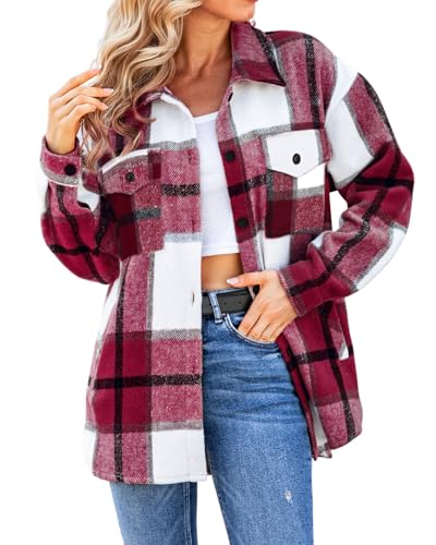 SHEJIZE Women's Casual Shacket Jacket Plaid Shirts Flannel Blouses Button-Down Shirts Wine Red M