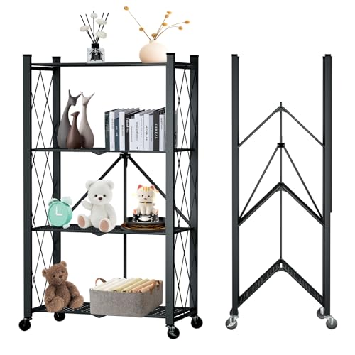 Image of 4 Tier Foldable Storage Shelf with Wheels, Metal Steel Collapsible Shelves | Heavy Duty Folding Shelf Loads 600 LBS, Rolling Standing Utility Rack for Kitchen, Pantry, Office, Black