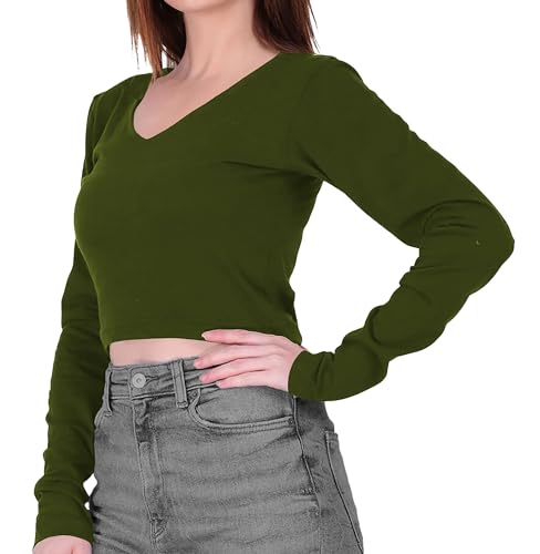 Image of THE BLAZZE Women's Cotton Stretchable Solid V Neck Long Sleeve Regular Fit Crop Top T-Shirt for Women L412
