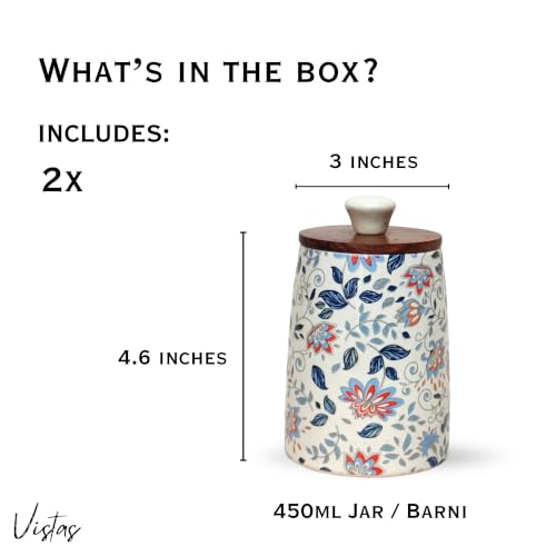 Image of Vistas 'Blue Bloom' Airtight 450ml Set of 2 Straight Ceramic Jar for Kitchen Storage | Handcrafted Ceramic Barni with Wooden Lid | Multipurpose Pickle, Spice, Salt, Sugar, Coffee & Achar Container.