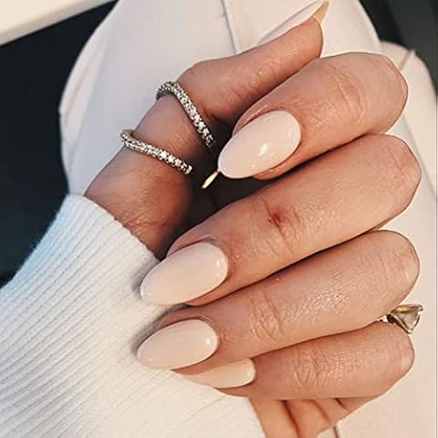 Vamony 48Pcs Nude Almond Press on Nails Short, Valentine's Day Glossy Solid Fake Nails, Acrylic Nail Tips, False Nails, Stick on Nails for Women Girls Cover