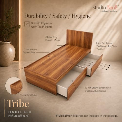 Image of Studio Kook Tribe with Headboard Engineered Wood Single Bed with Drawers (Amber Walnut, Right Side Drawer)