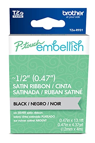 Image of Brother P-Touch Embellish Black Print on Silver Satin Ribbon TZER931 - ~ inch Wide x ~13.1' Long for use with P-Touch Embellish Ribbon & Tape Printer