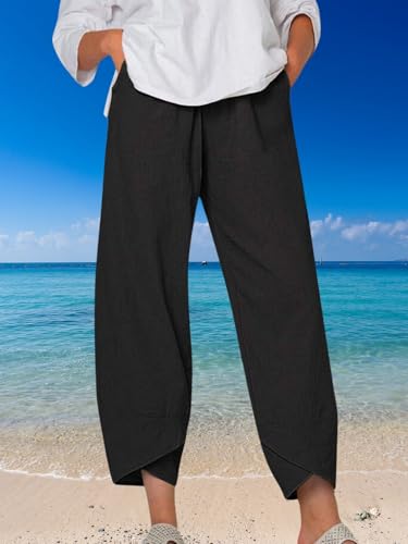 Summer Linen Pants for Women Solid Color Irregular Loose Capri Pants Bohemian Casual Vacation Beach Pants2