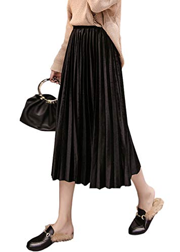 CHARTOU Womens Chic Metallic Elastic Waist A-Line Velvet Maxi Midi Long Pleated Accordion Lined Skirt (Black, Medium)