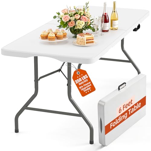 Harigal 6FT Folding Table Heavy Duty Portable Fold in Half with Handle 350lbs Capacity Thicker HDPE Waterproof Top Steel Frame with Locking Legs for Indoor Outdoor Camping Party Events