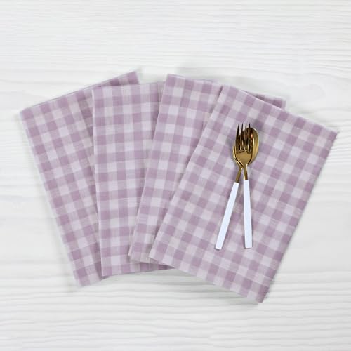 Solino Home Linen Gingham Cloth Napkins Set of 4-100% Pure Linen Lilac Dinner Napkins 20 x 20 Inch for Summer - Handcrafted and Machine Washable - Gingham Check