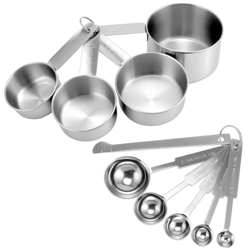 QWORK® 10 Pièces tasse et cuillère à mesurer en acier inoxydable, cuillère à mesurer de cuisine, ensemble de tasses à mesurer, avec règle de mesure, pour solides et liquides