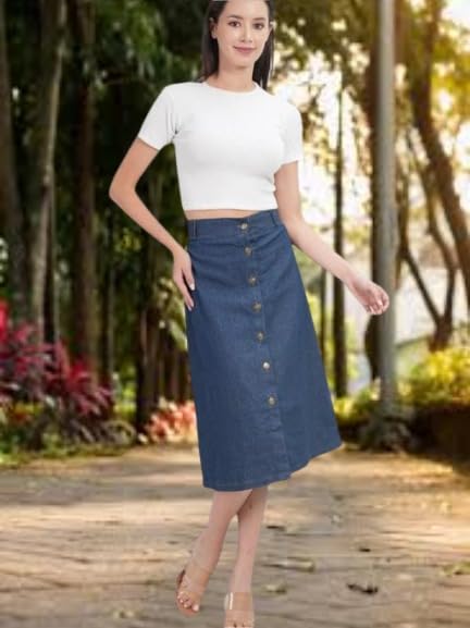Image of Straight Stylish Comfortable Long Two Button Up Slit Dobby Denim Skirt for Women & Girls