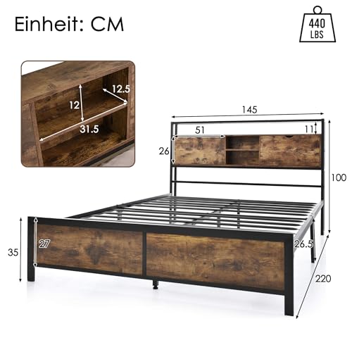 YCYDHDM Metallbett Doppelbett 140 x 200 cm mit Stauraum-Kopfteil, Bettgestell mit Lattenrost aus Metall, Stauraumbett für Schlafzimmer und Gästezimmer, Bett mit Stauraum unter dem Bett, Holzfarbe – Bild 8