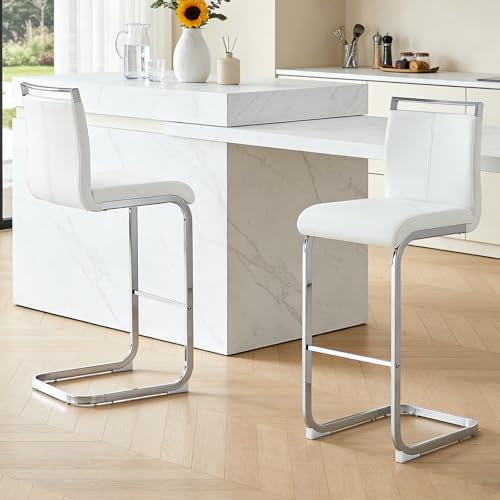 Butacos de altura para barra de 30 pulgadas, juego de 2 unidades, diseño moderno con tapizado en cuero sintético PU y estructura metálica cromada, sin reposabrazos, para isla de cocina (blanco + dorado) miniatura 2