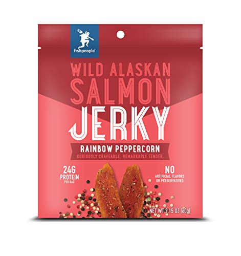 Fishpeople Wild Alaskan Salmon Jerky, Rainbow Peppercorn, 2.15 ounce (3 pack), 24g Protein and 900mg Omega-3s per bag, Low sugar, Gluten-free, Antibiotic-free, Non-GMO