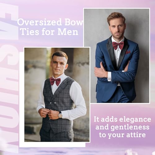 Image of Oversized Bow Ties for Men, Pre-Tied Bow Tie and Handkerchief with Pocket Square Holder Set for Wedding Party Daily