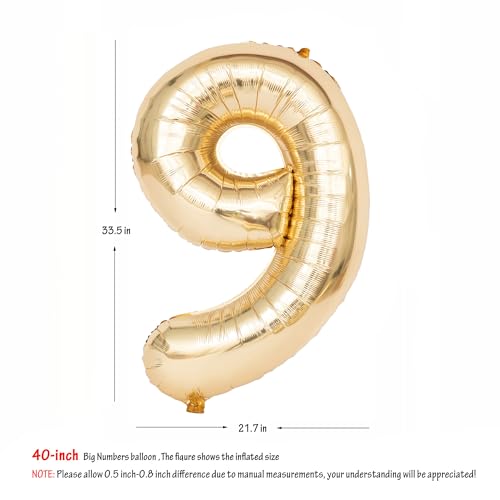 Image of 40 Inch Light Gold 9 Number Balloons Large Champagne Gold Number | White Gold Giant 9 Foil Mylar Helium Digital Balloon for 9th or 9st Anniversary Party Decorations Supplies