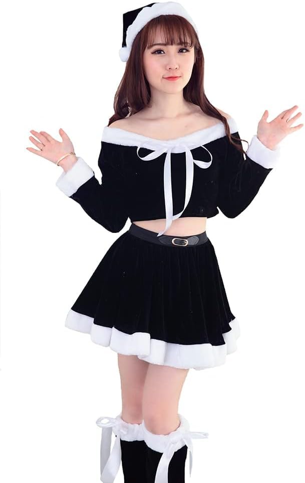 [YZYVIOW] サンタ コスプレ 女性 サンタコス 可愛い ブラック レディース 仮装 Black ワンピース 衣装 帽子 ベルト クリスマス コスチューム サンタクロース 演出服 イベント 新年会