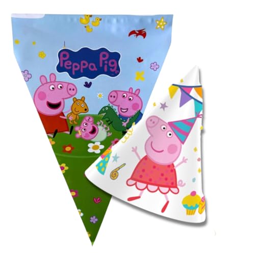 Peppa Pig, Decoracion de Cumpleaños de Peppa Pig, Set de Cumpleaños Niño, Decora tu Fiesta con los Banderines y los Gorros de Carton, Fiesta Infantil de Niña y Niño, 3 M de Banderin, 6 Gorros