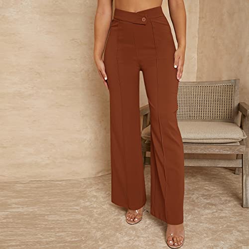 Sweatyrocks Women's Overlap Waist Seam Front Palazzo Wide Leg Pants High Waist Long Pant Casual Trousers Rust Brown M #TOP5