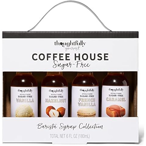 Thoughtfully Gourmet, Coffee House Barista Collection, Sugar-Free Coffee Syrups in Glass Bottles, Vegan and Vegetarian Syrups in Caramel, French Vanilla, Hazelnut, and Vanilla, Pack of 4 Cover