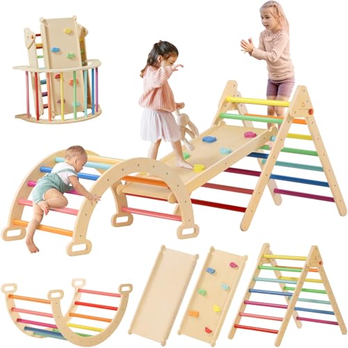 Tiny Land Klettergerüst Indoor - Regenbogenfarben, 3 in 1 Kletterdreieck, Dreieck Klettergerüst, Faltbares Kleinkind-Kletterspielzeug, Hölzernes Montessori-Kletterset für 2–7 Jahre