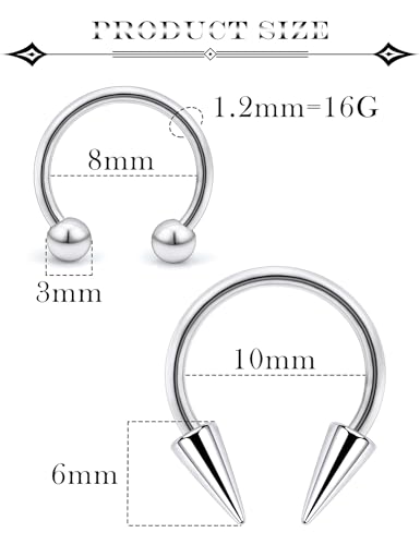 Long Spike Septum Rings 16G Surgical Steel Smiley Piercing Jewelry Vertical Snake Bite Jewelry Lip Rings for Women Men 8mm/10mm2