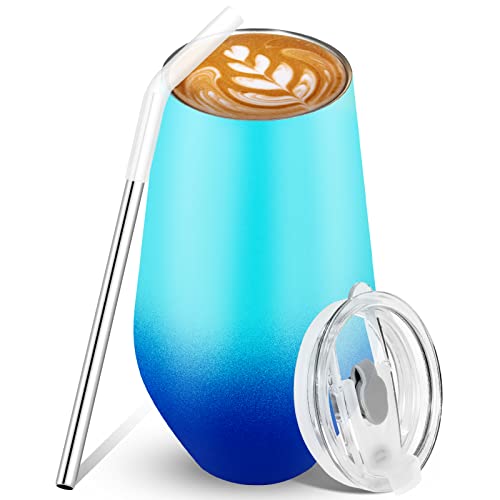 Taza de café 500ML,Bobicon Termo Café de Acero Inoxidable con Pajita,sin BPA,Reutilizable taza termica de Doble Pared Aislado al Vacío,Taza de café para café frío y Caliente,Leche y té(azul) Cover