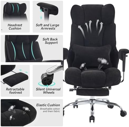 Efomao Executive Office Chair, Soft-Cushioned Computer Chair with Foot Rest, Fabric Home Office Desk Chairs, Big and Tall Office Chairs, Black - Thumbnail 3