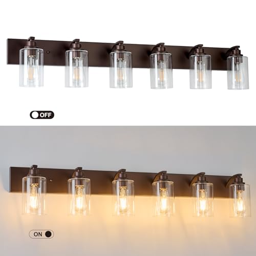 Image of 6-Light Bathroom Light Fixtures Modern ORB Vanity Lights | Easy to Install Clear Glass Shades, Wall Mount Up or Down, E26 Socket, Hardwired, 124V