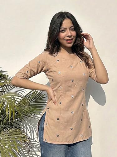 Image of ANNI Designer Women's Viscose Blend Printed Short Kurti | Straight Fit Ethnic Top with Square Neck | Bell Sleeve Indian Kurta for Office College, Party