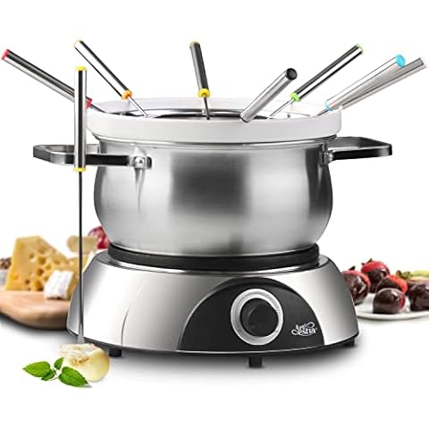 Artestia 14.79-Cup Large Capacity Electric Fondue Pot - 1-QT Ceramic Fondue for Cheese, Chocolat & 2.6-QT S/S Fondue Pot for Broth, Hot Oil, 1500W Temperature Control, 8 Color-Coded Forks, S/S Base Cover