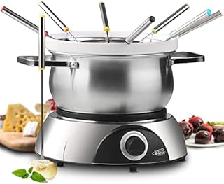 Artestia Electric Fondue Pot Set with Temperature Control Knob, Included 1QT Ceramic Chocolate Cheese Melting Pot with 2.6QT Stainless Steel Meat Fondue Pot, 8 Color-Coded Forks, Serve 8 Persons