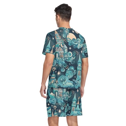 Magic Castle Night Sky Cloud Star Fairytale Pattern Men's Pajama Sets Sleepwear Short Sleeve Lounge Sets for Men S-2XL2