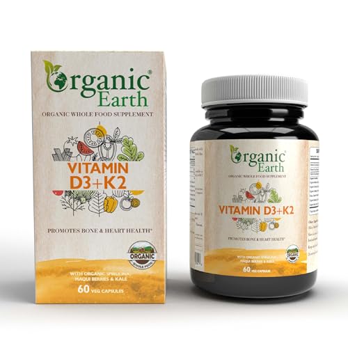 Organic Earth Plant Based VITAMIN D3+K2 I Supports Healthy Immune System | Crafted With Synergistic Blend of D3 From Lichen & K2 from Natto | Vegan Gluten Free Clean Nutrition I 60 Capsules