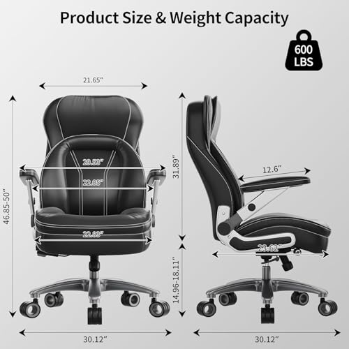Image of Big and Tall Office Chair, 600lbs Heavy Duty Desk Chair with 5D Arms, Adjustable Lumbar Support & Height, Tilt Function, PU Leather High Back Ergonomic Executive Computer Chair