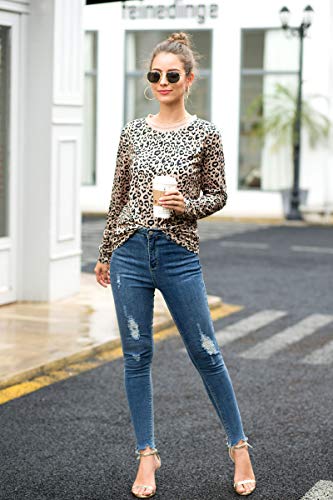 Coffee Casual Cute Shirts Leopard Print Tops Basic Long Sleeve Soft Blouse