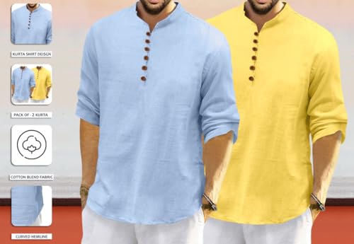 Image of ROYALSCOUT Men's Cotton Polyester Blend Solid Regular Fit Full Sleeve Short Kurta | Ethnic, Lightweight Summer Kurta for Daily & Occasion Use