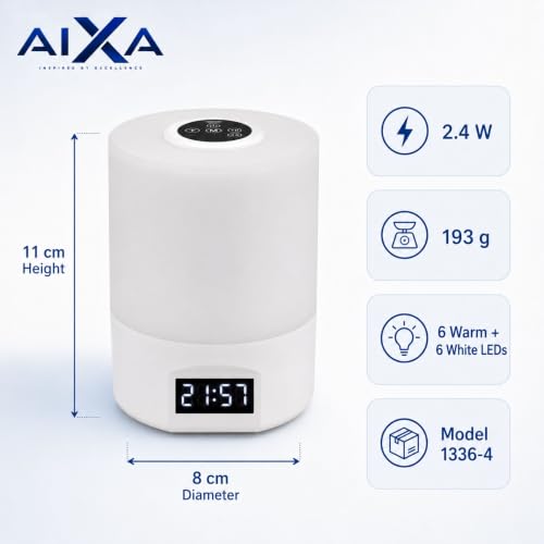 Image of AIXA Rechargeable Bedside Lamp with Clock, Touch Remote, 3 Light Modes