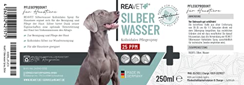 ReaVET Silberspray Hund & Pferde 250ml - kolloidales Silber 25 PPM Pferd, Sprühpflaster für Hunde, Hautpflege bei Juckreiz, Pilze & Bakterien, Colloidal Silver für Haustiere, Silberwasser Spray