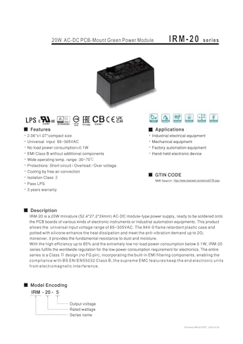 Module AC-DC 20 W IRM-20-12 convertisseur tension 12V pour alimentation PCB