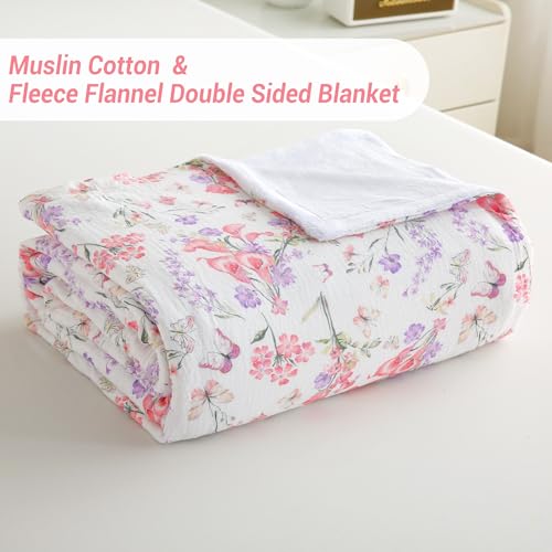 Viviland manta de forro polar reversible, manta de muselina suave para sofá y cama, edredón transpirable para adultos, grande 50x70 pulgadas, flores rosa y púrpura miniatura 3