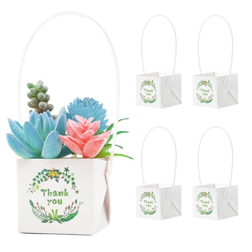 ALLWSLucky 50 Pcs Mini Cajas De Suculentas, 5,1 cm Maceta de papel para plantas suculentas, Bolsas para Envolver Suculenta, Envoltorios de suculenta con asas de plástico (Blanco, 50pcs)